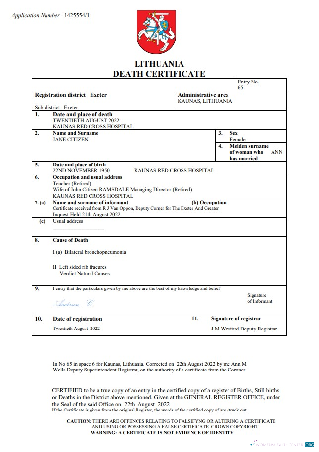 Download Lithuania vital record death certificate Word and PDF template Photoshop template